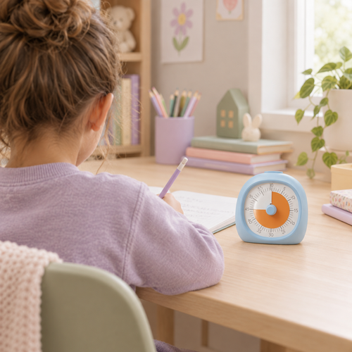 Enfant faisant ses devoirs avec le minuteur visuel silencieux – Petit Tempo