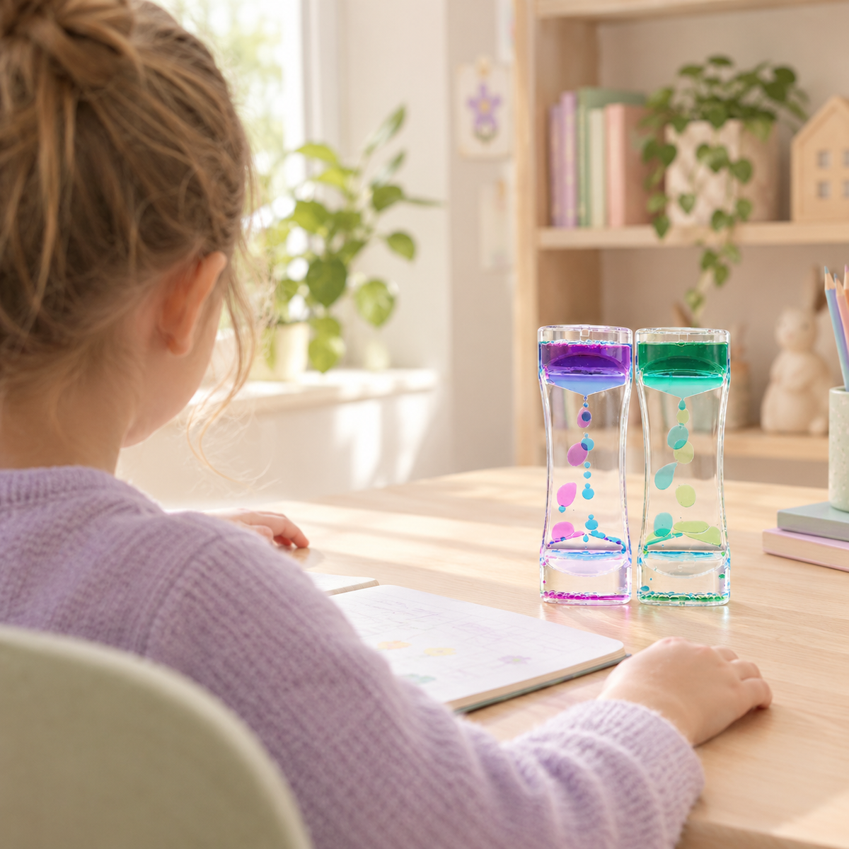 Enfant observant un sablier liquide sensoriel sur son bureau – Petit Tempo